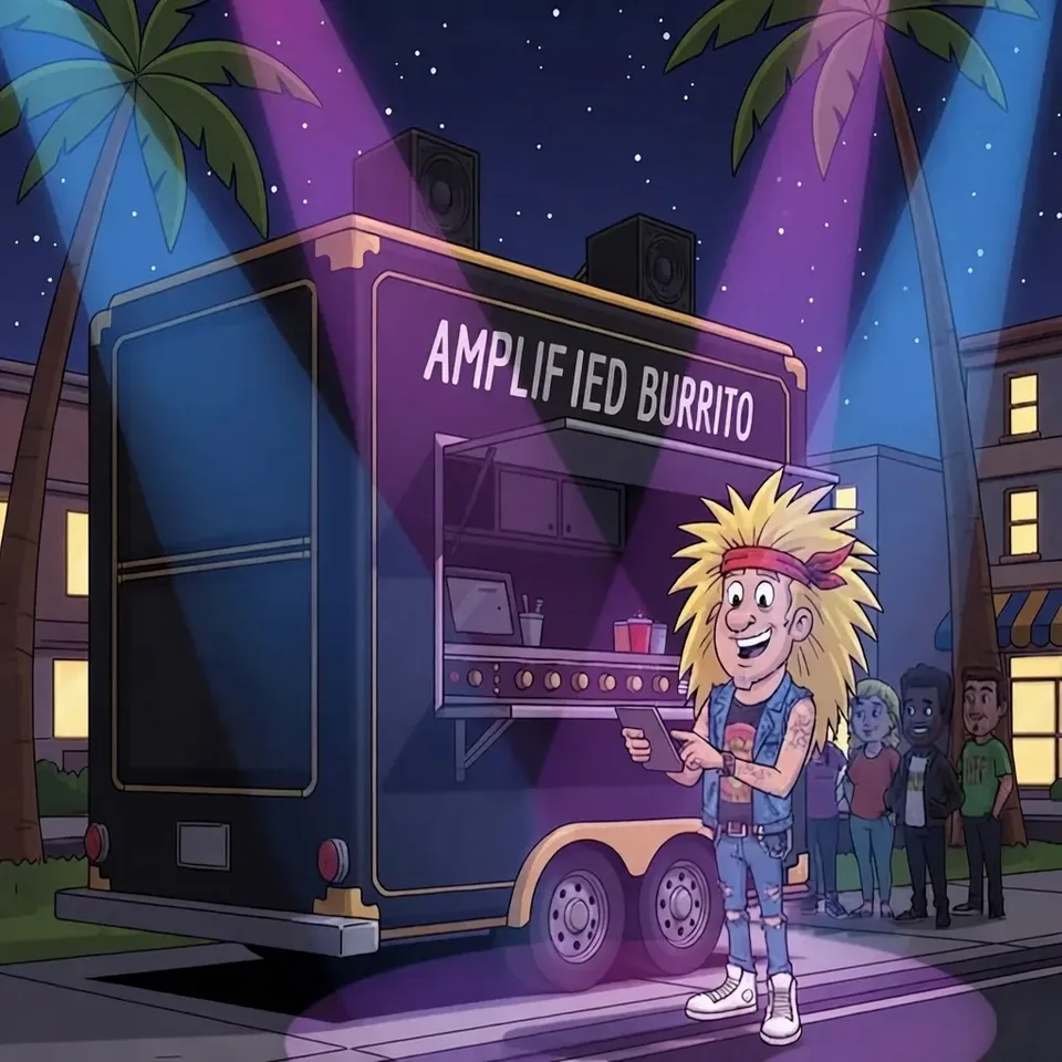 Illustration from the menu listing: the frontman, big hair, bandana and denim vest, beside a speaker-topped trailer under stage lights.